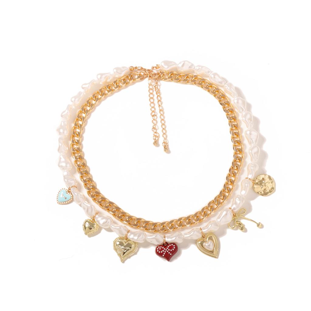 Fashion Personality Double Layer Stacked Wear Imitation Pearl Various Love Geometric Pendant Chain Stacked Women's Necklace