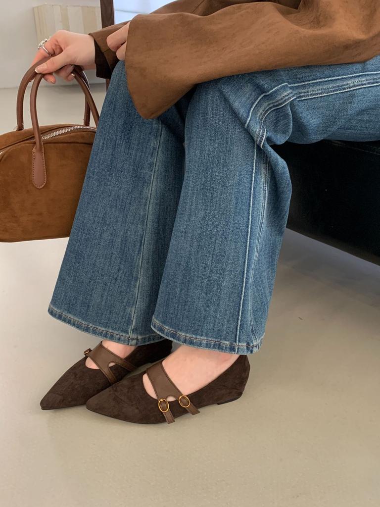 Retro pointed matte splicing one-word buckle shallow mouth single shoes women's inner height increase shallow mouth temperament work shoes