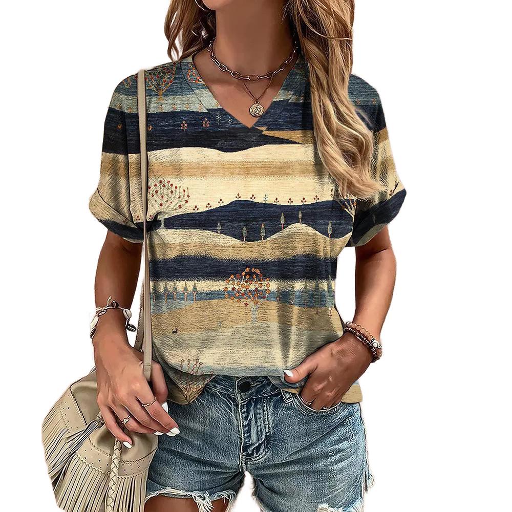 Summer V-neck short sleeved casual T-shirt XS