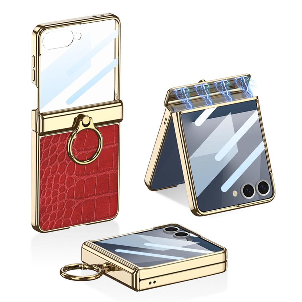 Suitable for Samsung Z FLIP7 Mobile Phone Case Electroplated Finger Ring Hinge Plain Leather Protective Case Flip7 Shell Film Anti Fall Full Package