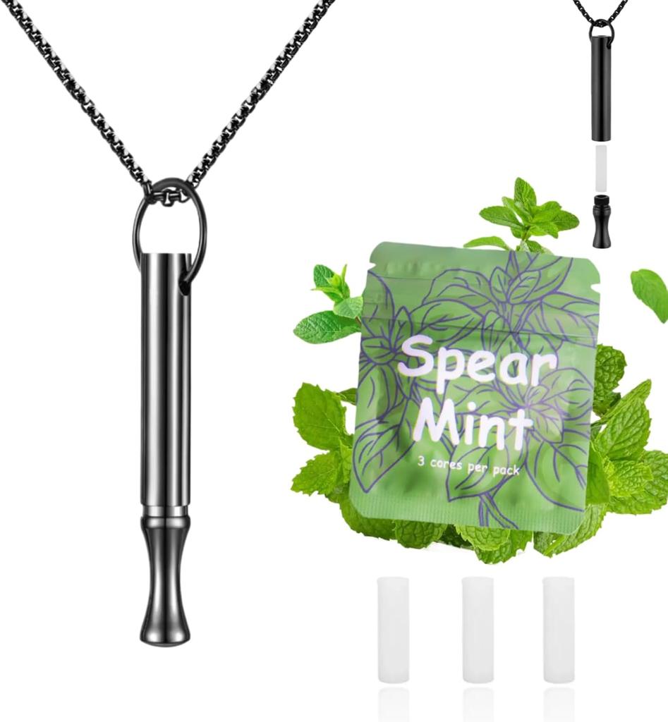 Breathing Necklace to Quit Smoking and Vaping with Refillable Mint Pods Stainless Steel Stop Smoking Aids Fidget Necklace for Anxiety Relief Smokeless