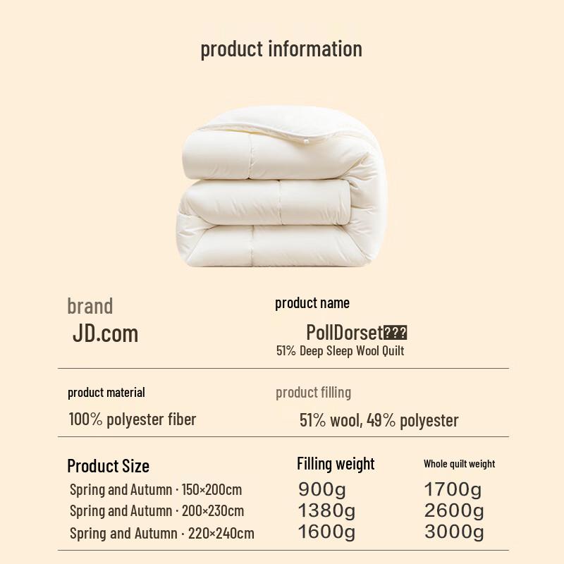 Jingdong Crafted 51% Dorset Wool Blend All-Season Quilt