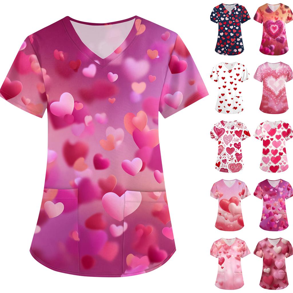 Women's Valentine's Day Print Loose V-neck Pocket Short-sleeved Caregiver Uniform/ Uniform