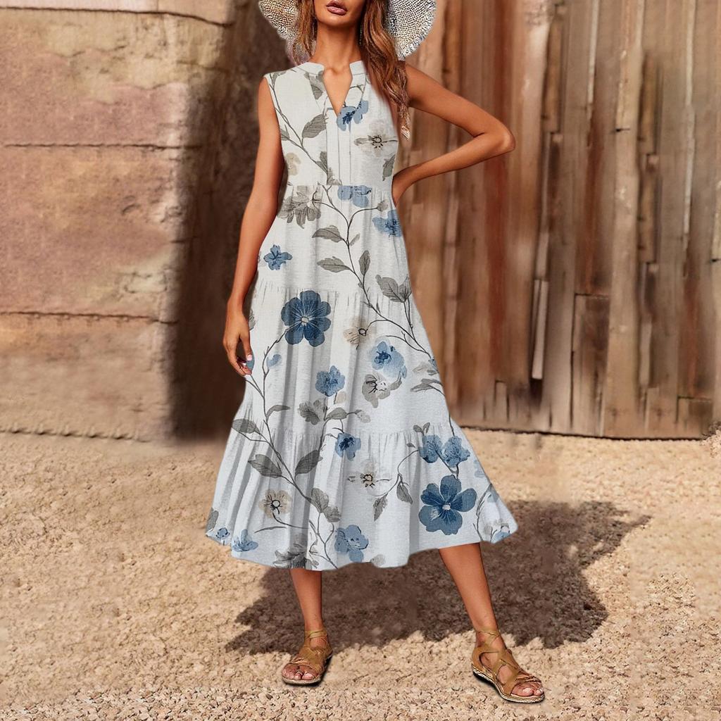 Women's Casual And Fashionable V-neck Sleeveless Printing Mid Length Dress