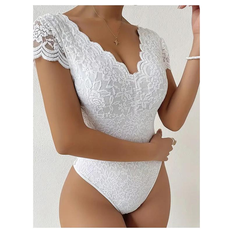 European and American Lace Trim Slimming Short Sleeve Bodysuit