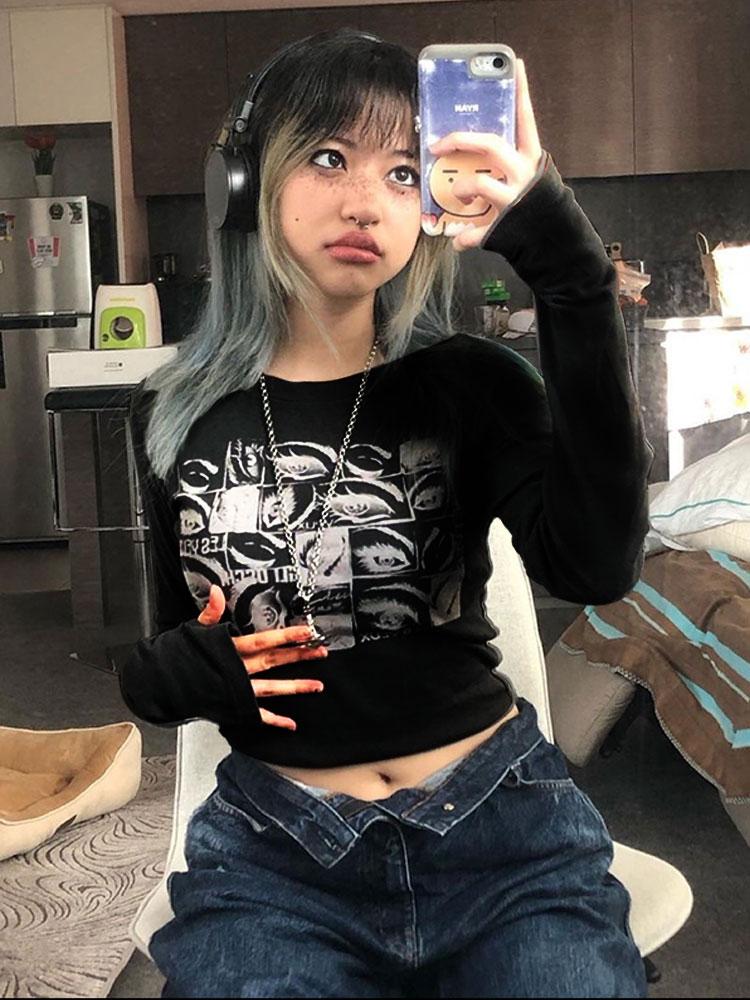 

Женские топы с принтом глаз в стиле ретро, ​​весенние футболки с графикой в ​​стиле гранж, винтажная инди-эстетическая одежда, тонкий топ с длинными рукавами Cyber ​​Y2k L серый