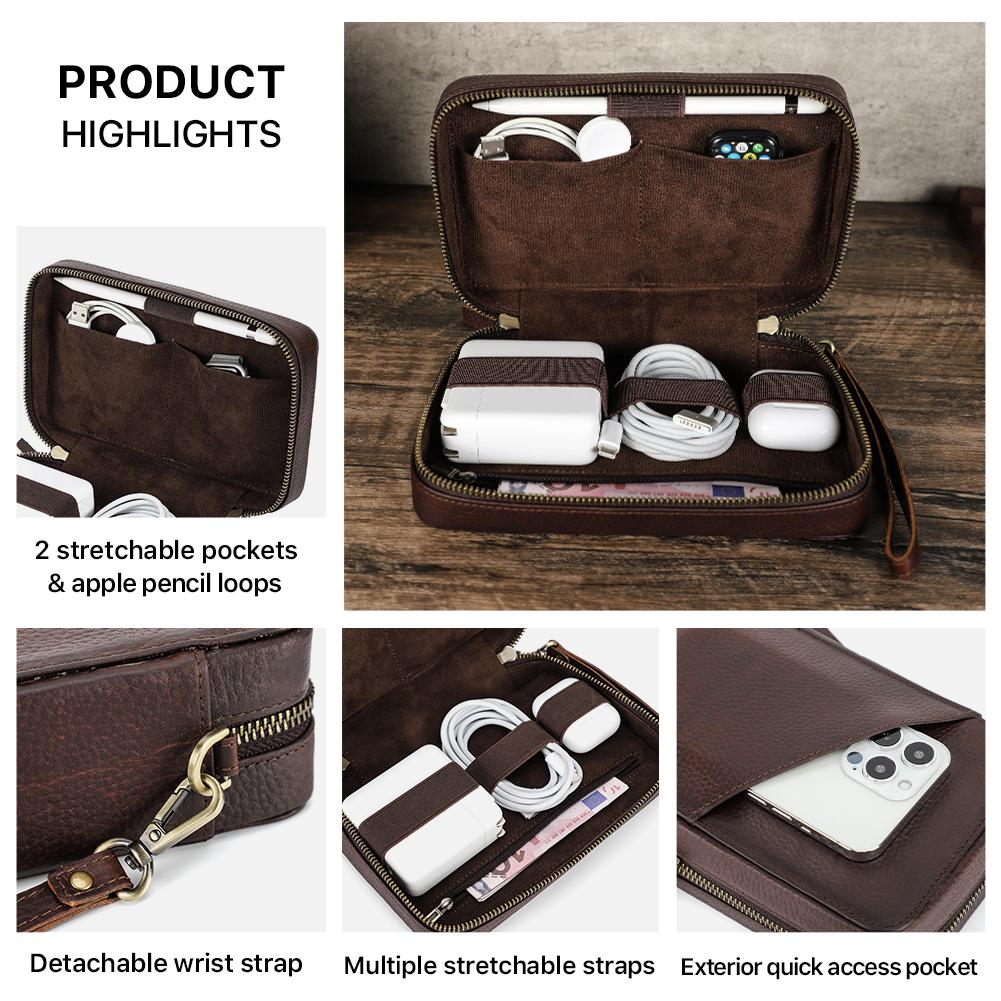 Vintage Vegetable Tanned Milled Leather Tech Pouch Travel Electronics Accessories Organizer Pouch With Apple Pencil Slot