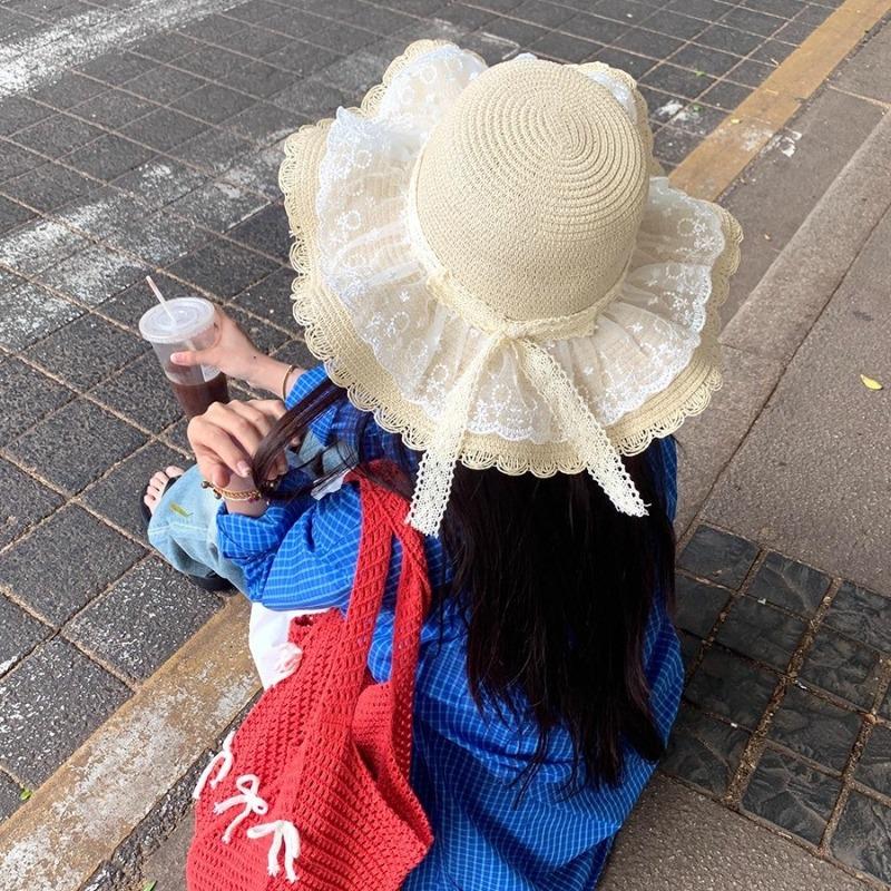 Straw hat women's new summer lace bow straw hat travel sunscreen hat beach seaside big brim