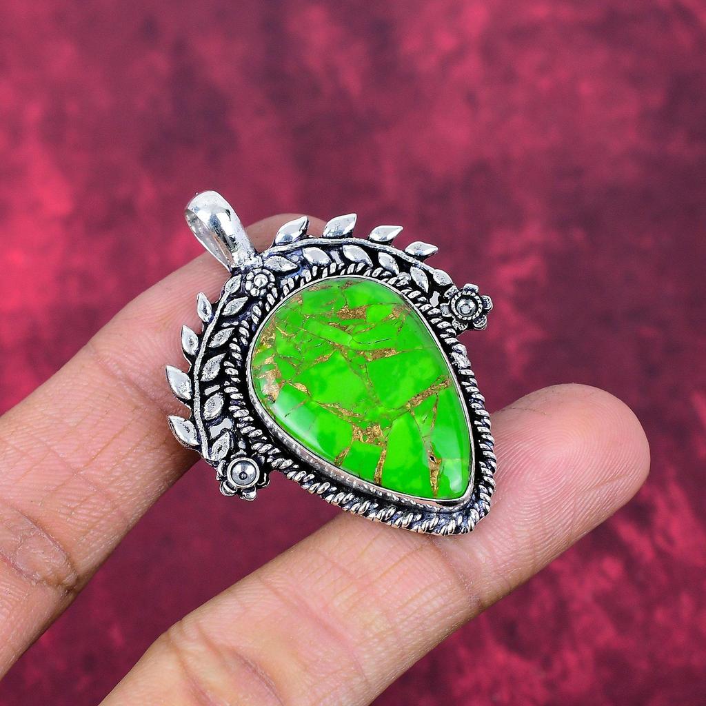 Green Copper Turquoise Pendant, 925 Solid Sterling Silver Jewelry, Gemstone Pendant, Gift For Her Handmade Dainty Jewelry