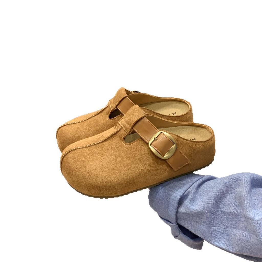 2025 Autumn New Leather Thick-soled Bag Head Half Slippers Women's Heightened Soft-soled Casual Retro Outer Boken Shoes