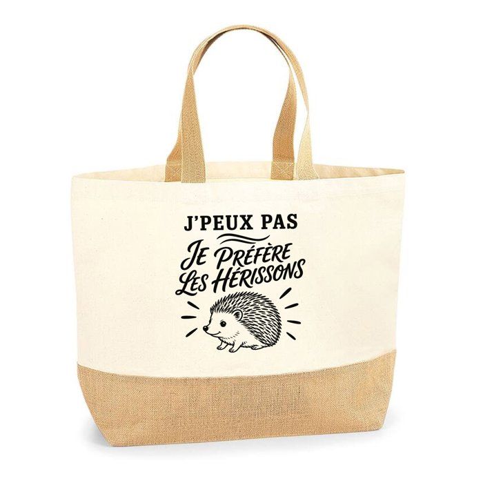 Sac J’peux pas je préfère les Hérissons J'peux pas minimaliste | Cabas en Coton avec Fond Jute 18 L 48 × 37 × 13 cm | Marché
