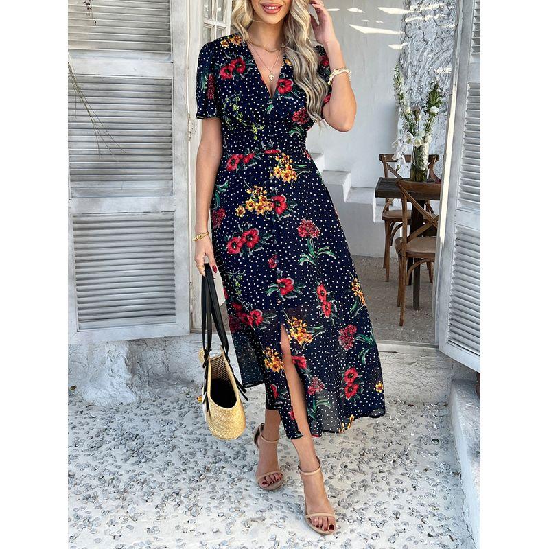

2025 Chiffon Printed Short Sleeved Dress White L