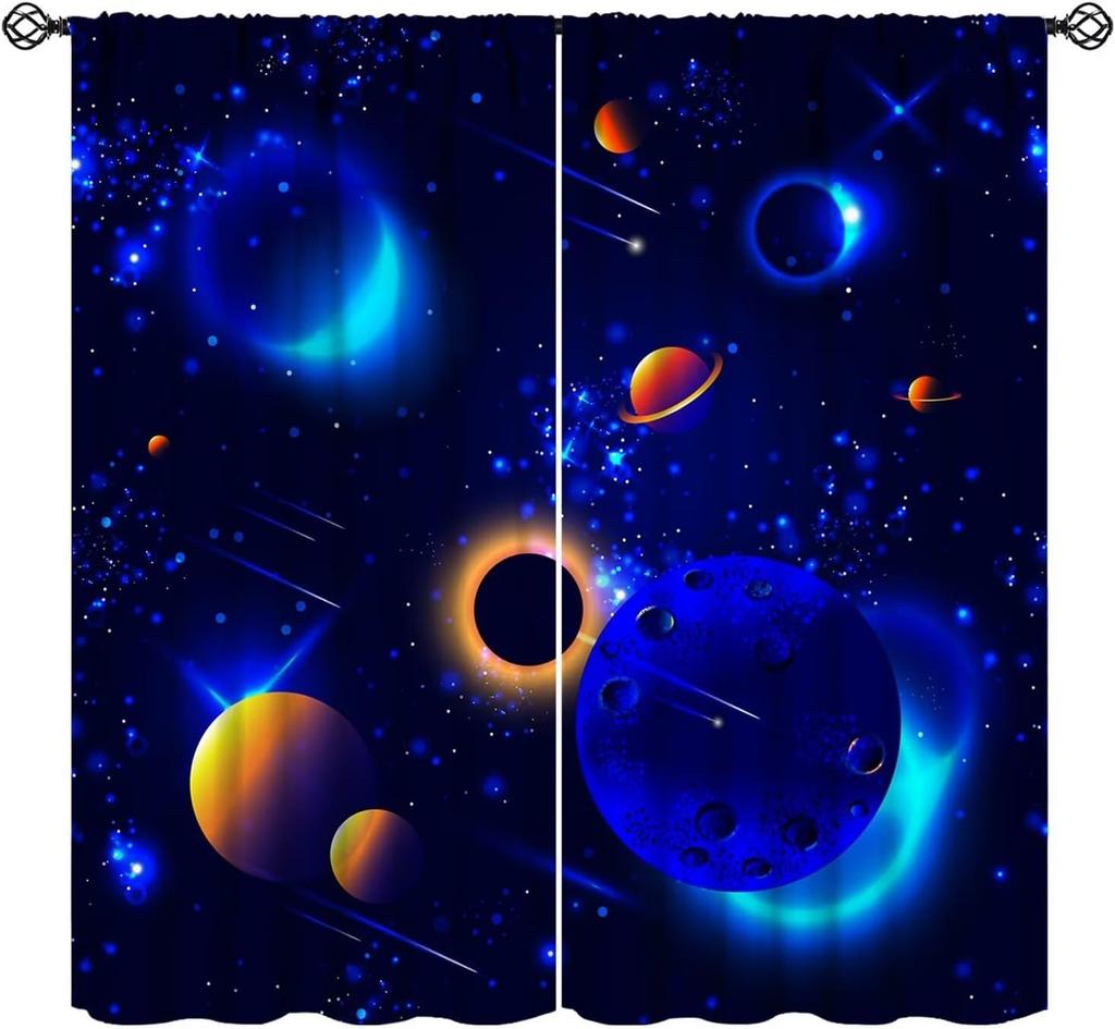 Outer Space Curtains Cartoon Astronaut Rocket Planets Stars Spaceman Universe Galaxy Print Window Kids Boys Made Of Polyester