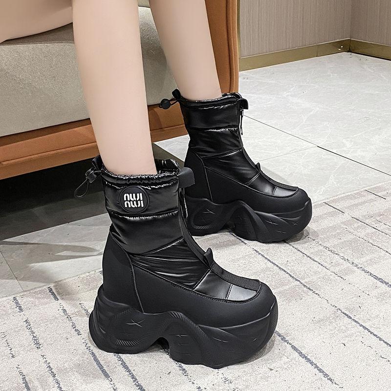 Winter Women's Fur Snow Boots Keep Warm Chunky Short Boots Outdoor Plush Mid-calf Shoes 10CM Platform Anti-skid Leather Sneakers