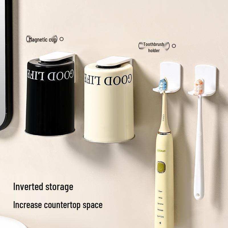 Wall-Mounted Magnetic Stainless Steel Toothbrush Cup - No-Punch, Anti-Fall Design