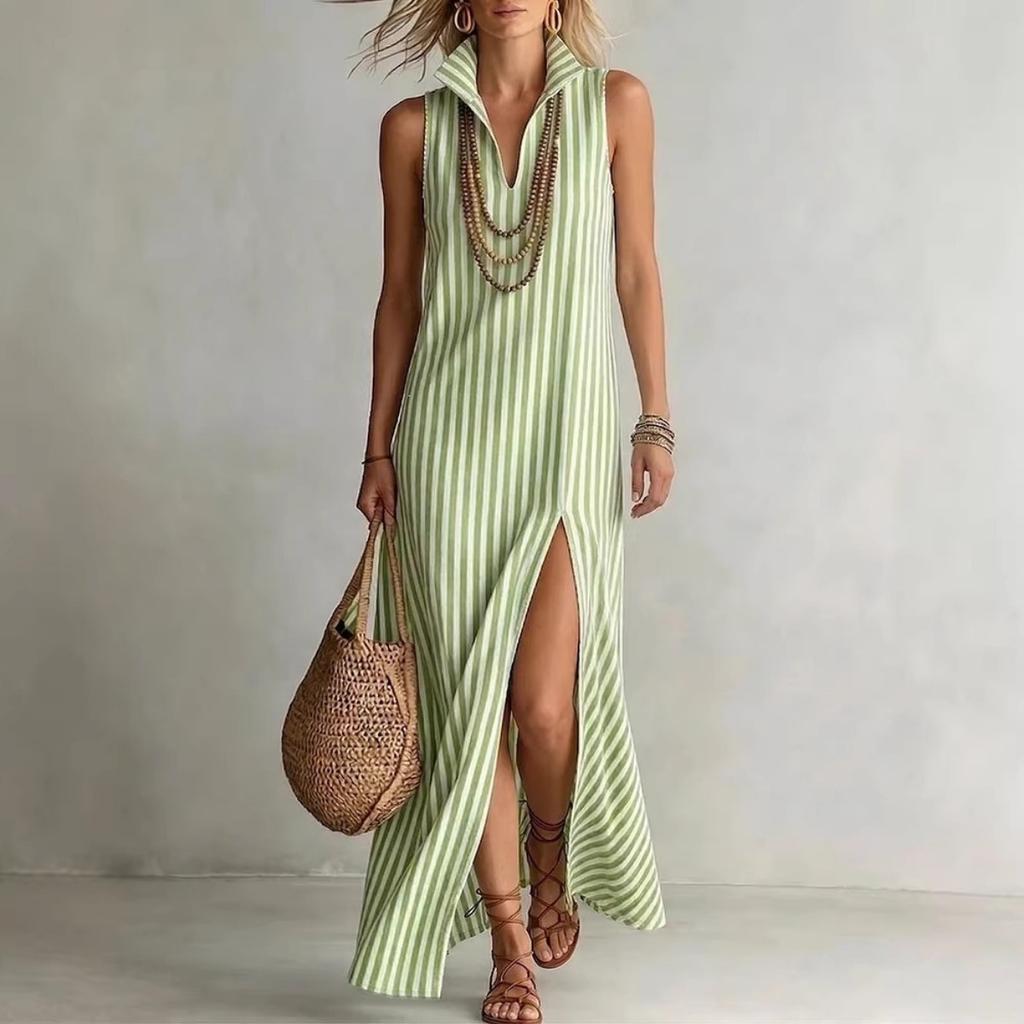 New European American Women Casual Striped Stand Collar Sleeveless Slit Maxi Long Dress Vacation Style