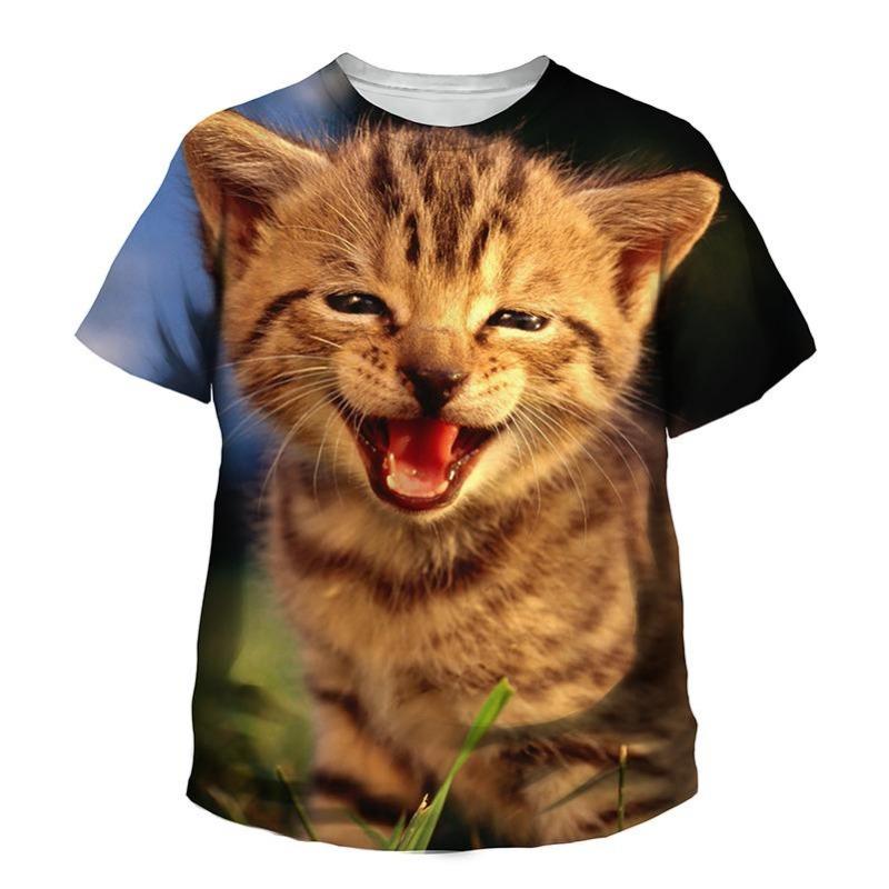 Summer Round Neck 3D Printed Cute Cat Pattern Top Fashionable Casual Short Sleeved Children's Boy and Girl Kids Unisex T-shirts