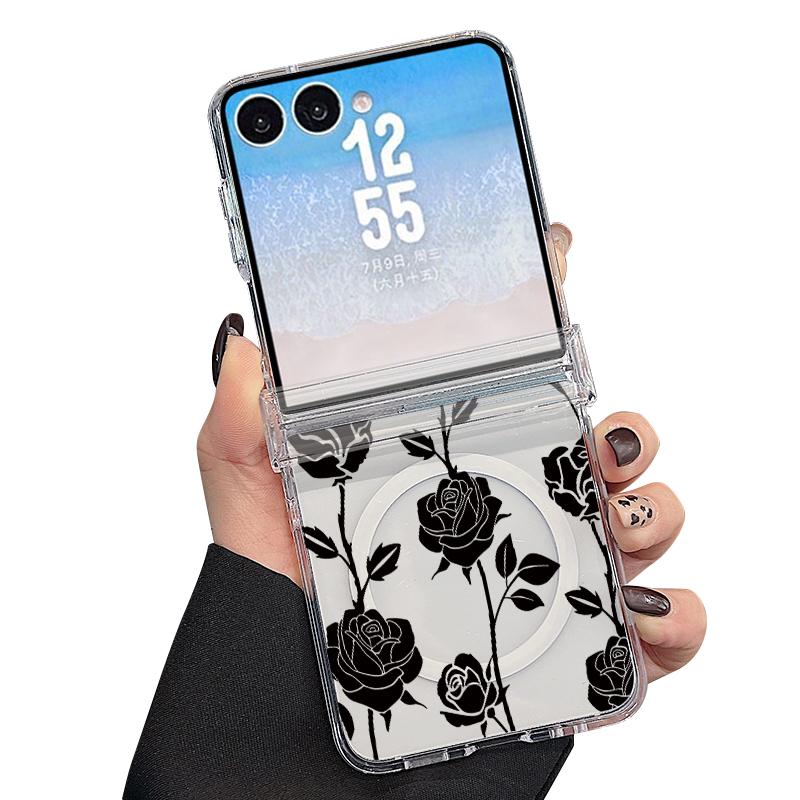Retro Flowers Black Rose Print Case For Samsung Z Flip 8 7 FE 6 5 Magnetic Clear Hard PC Folding Phone Cover For Galaxy Z Flip8 Flip7 Flip6