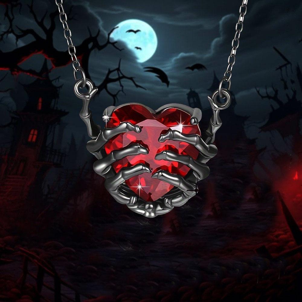 Gothic Heart-Shaped Red Synthetic Zircon Necklace with Zombie Claw Design, Funky Style, Plated Zinc Alloy, Unisex Pendant
