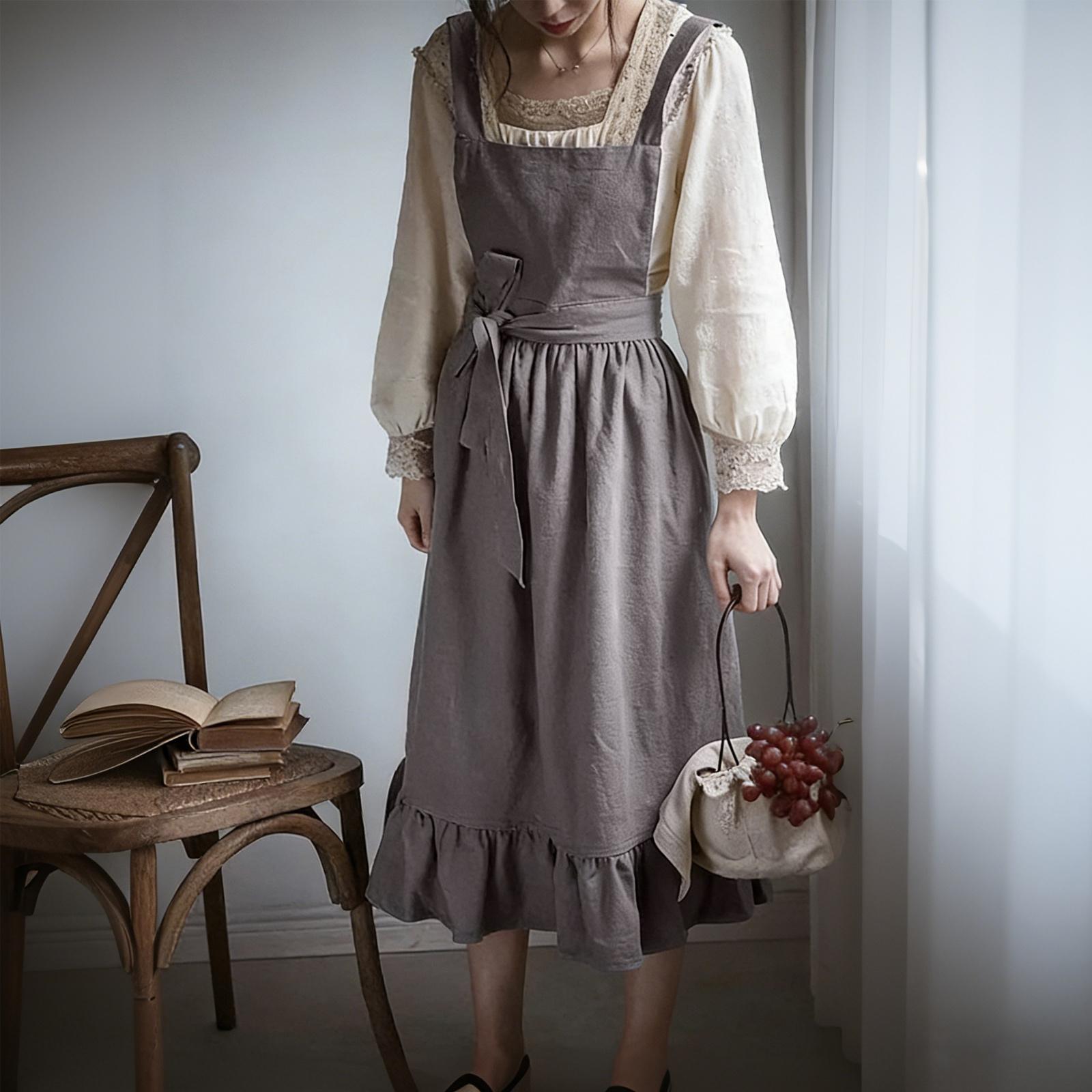 Vintage Style Ruffled Hem Kitchen Apron Adjustable Waist Tie Cotton Linen Blend Classic Design Practical Use One Size