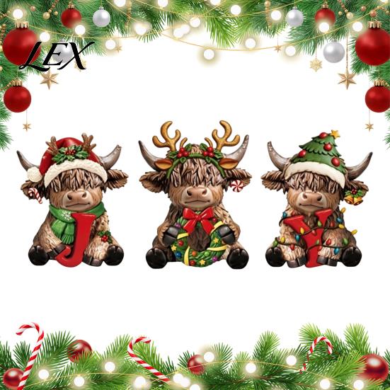 Detailed Figurines for Porch 3Pcs Christmas Highland Cow Figurine, Resin Yak Statues with JOY Letter Sign, Decorative Accents Desk Farmhouse Tabletop