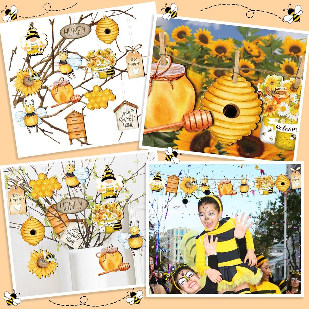 Karenhi 36 Pcs Bee Gnome Wooden Ornament Yellow Honeybee Gnome with Hat Hanging Decor Summer Tree Ornaments with String Bee Themed Party Favors for