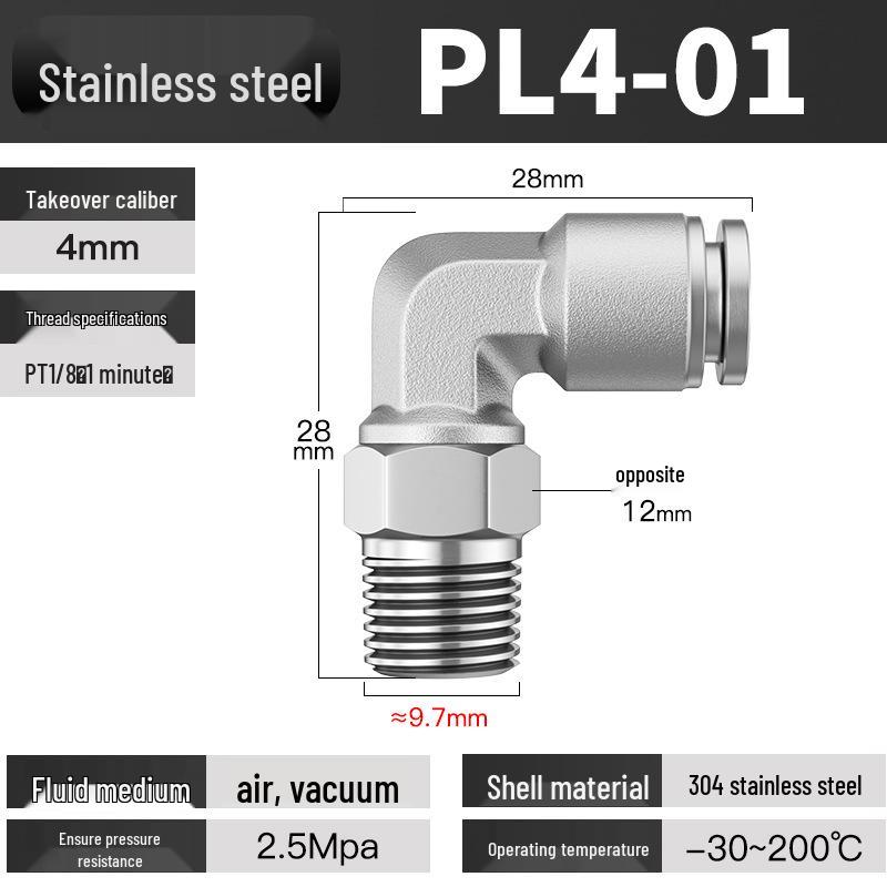 Stainless Steel Pneumatic Air Hose Quick Connect Elbow PC4-01/PL6/8/10/12 Connector