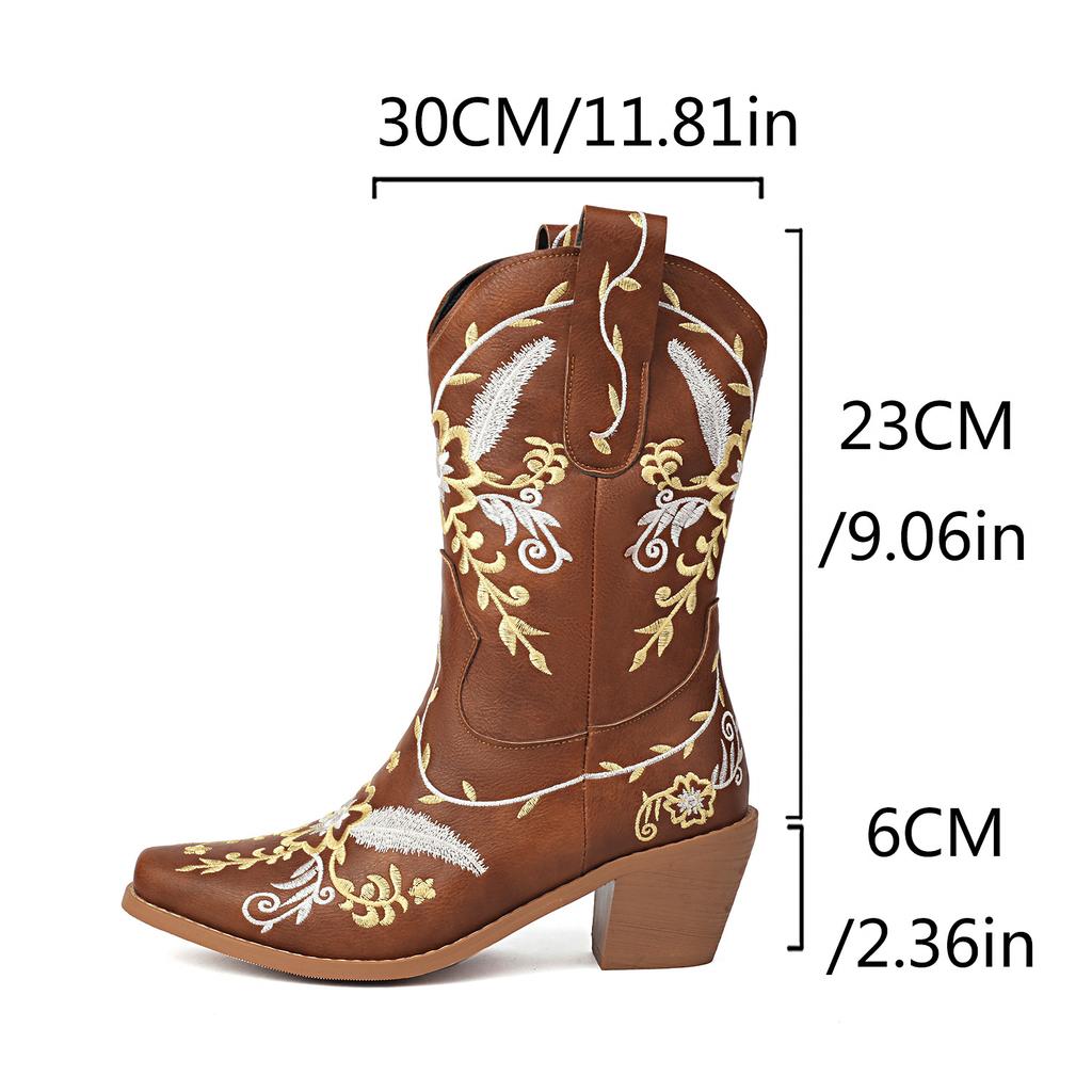 Fashion IPPEUM Cowboy Boots For Women Brown Ankel Block Heel Embroider Silver Pu Leather Plush Size 35-46 Western Cowgirl Shoes