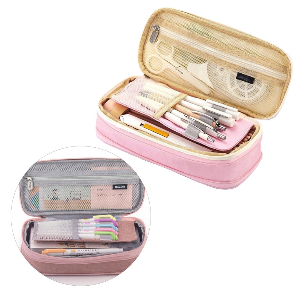 Pencil Bag 2 Tier Large Capacity Metal Zipper Mesh Pocket Portable Large Pencil Case for Students School Office Pink