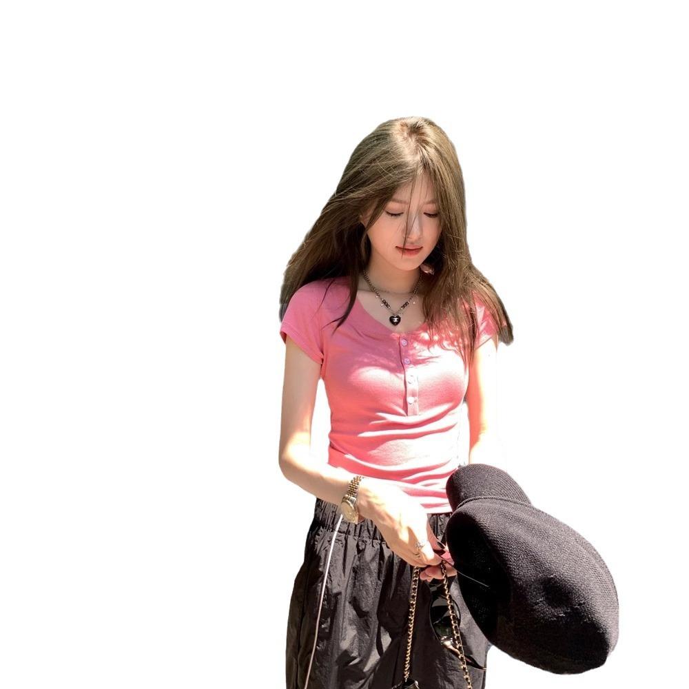 ins niche fashion slim-fit front shoulder short-sleeved T-shirt summer new thin breasted design round neck top women