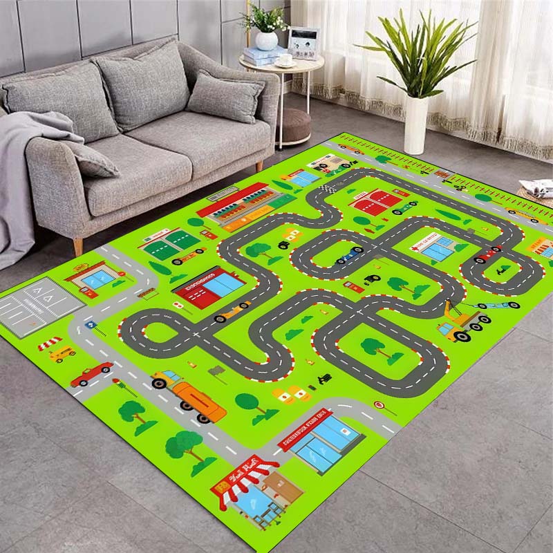 Kids City Road Play Rug, Non-Slip Educational Floor Mat with Town & Train Tracks Design, Interactive Car Track Carpet for Playroom 40x60cm( 15x23in )