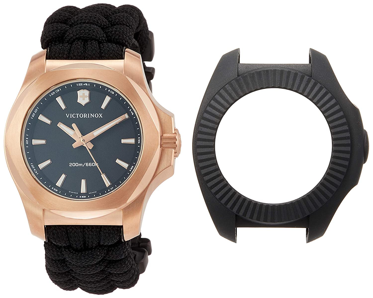 

[Victorinox] Дивитися INOX. Корпус із нержавіючої сталі, оброблений рожевим золотом PVD (316LКований) Чорний циферблат Чорний паракордовий ремінь 241880 [