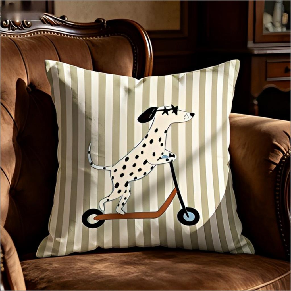 Cute Dalmatian Dog Scooter Throw Pillow Cover Funny Cartoon Pet Print Decorative Cushion Case For Sofa Couch Living Room Kids
