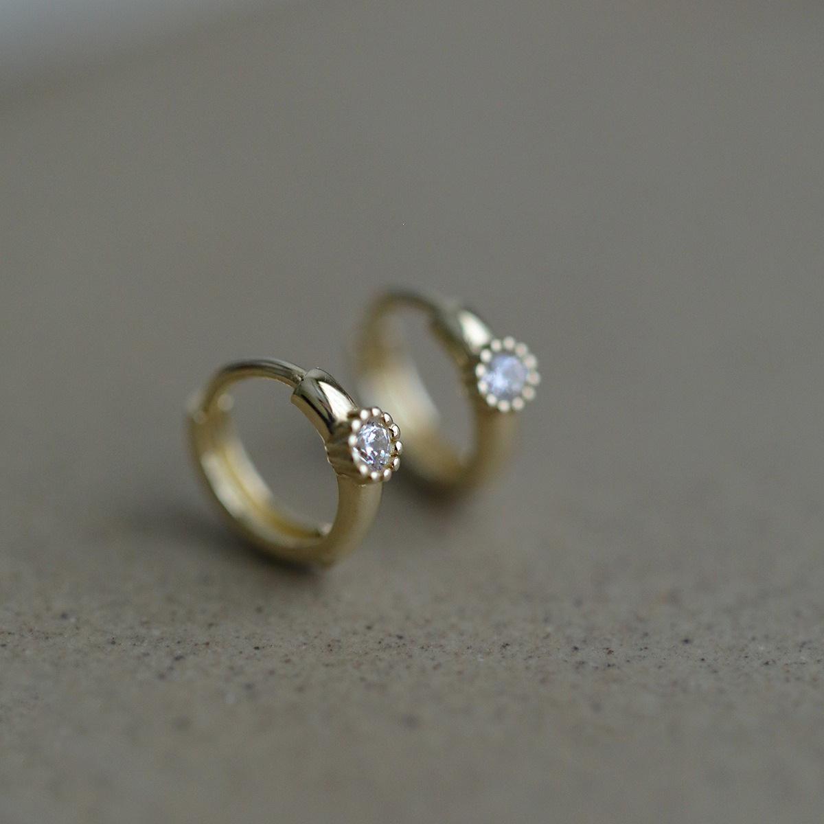 14K Gold-Plated S925 Sterling Silver Minimalist Zirconia Earrings with French Cake Edge Design. Gold Pair