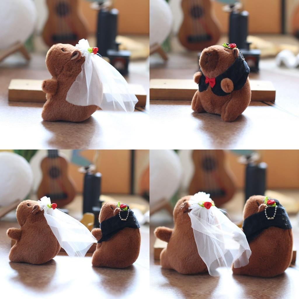 Cute Capybara Wedding With Rose Mesh Headwear Plush Fill Toy Keychain Pendant