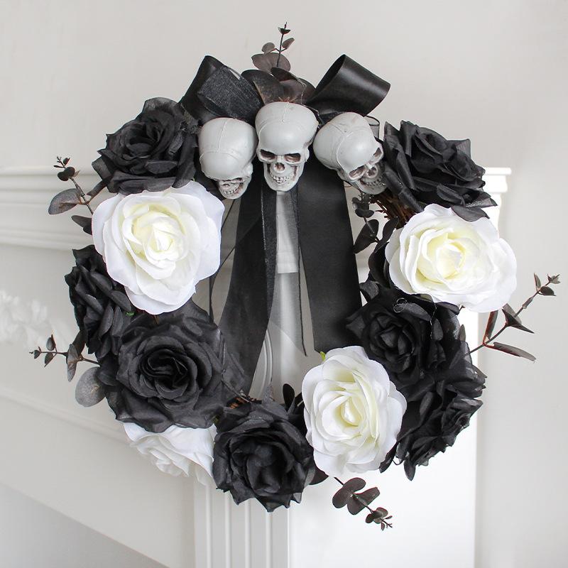 Halloween Home Ghost Door Pendant Skull Rose Rattan Wreath Haunted House Horror Party Ornament