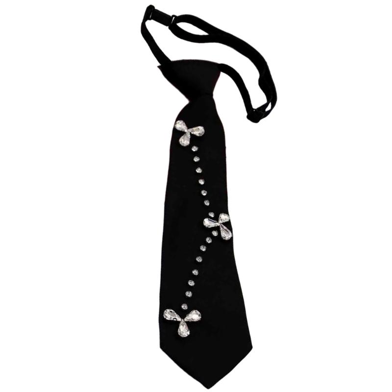 Elegant Rhinestones Embellished JK Shirt Tie for Women Men Harajuku Student Uniform Adjustable Pre Tied Black Necktie