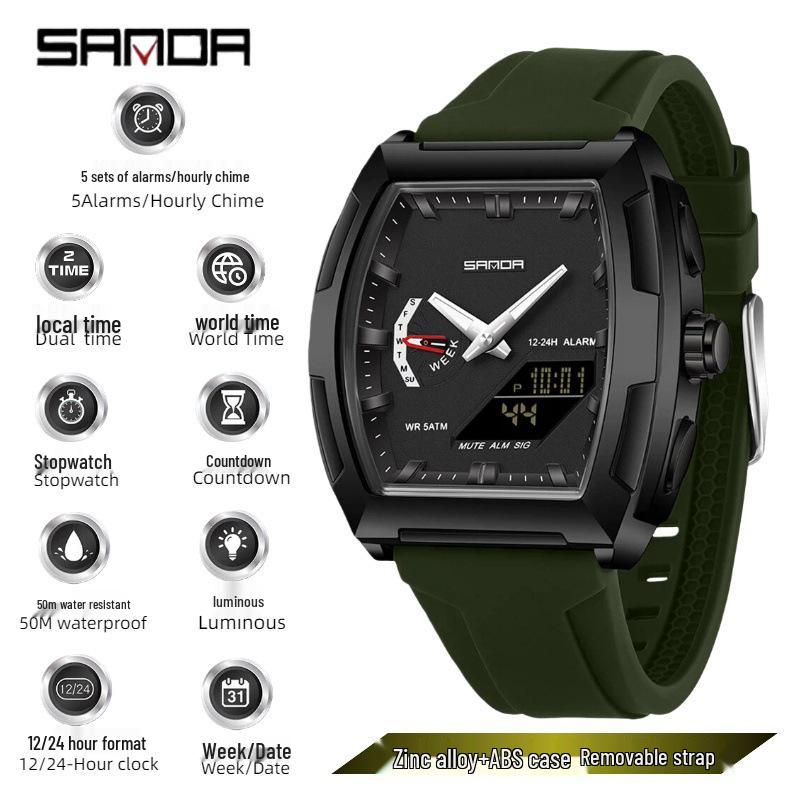 Sanda Trendy Men's Dual Display Luminous Waterproof Electronic Watch - Casual and Versatile with Countdown Timer