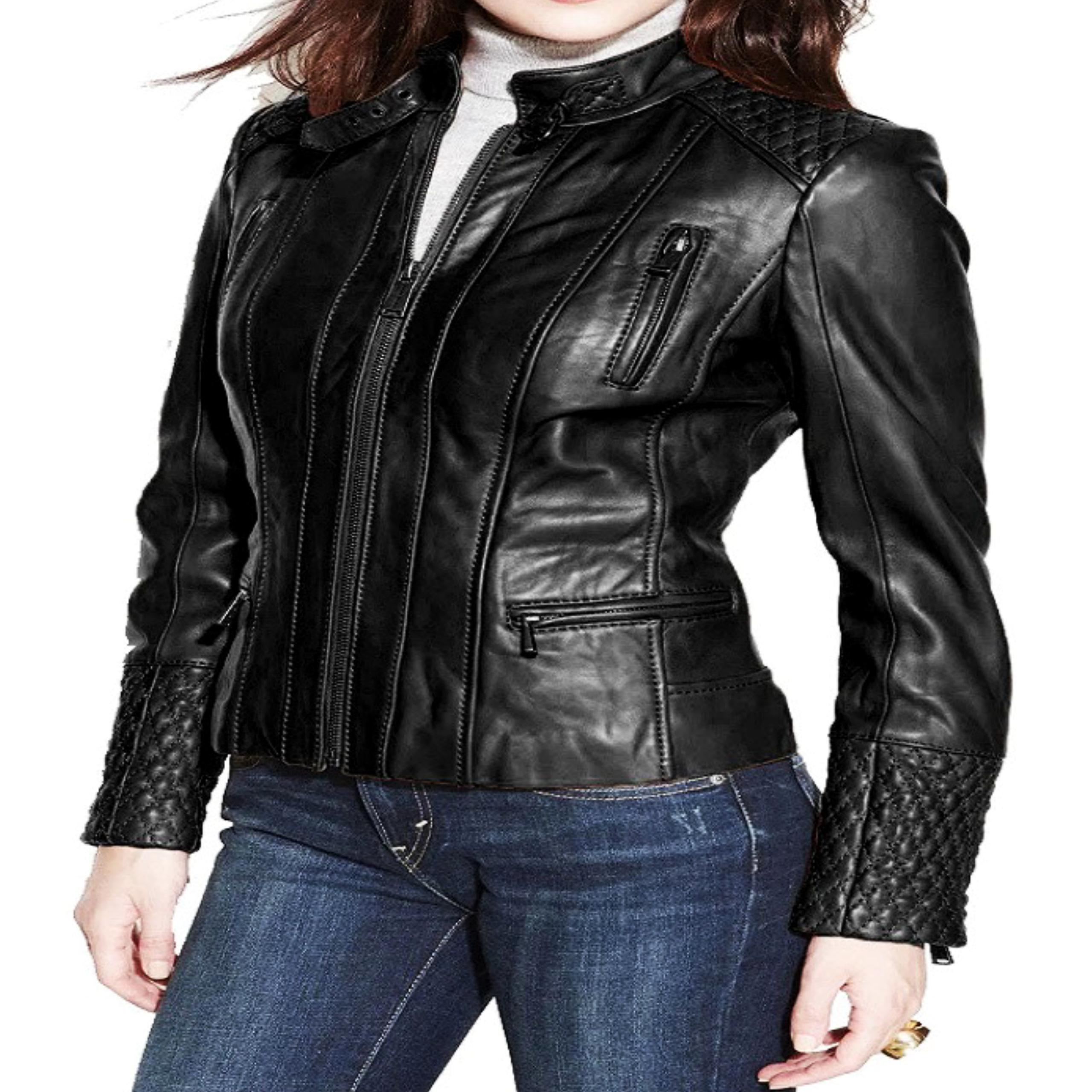 

Noora Womens Western Black Leather Quilted Jacket Stylish Slim fit Biker Leather Jacket Clubbing Jacket XXL чорний