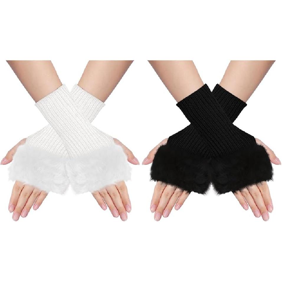 Fumwase 2Pairs Winter Women Furry Fingerless Gloves Knitted ThumbHole Arm Warmers Faux Fur Wrist Short Cuff 2