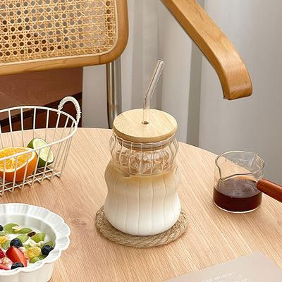500 ml Glasbecher mit Deckel und Strohhalm, transparent, für Bubble Tea, Saft, Bier, Dose, Milch, Mokka, Frühstücksbecher, Trinkgeschirr