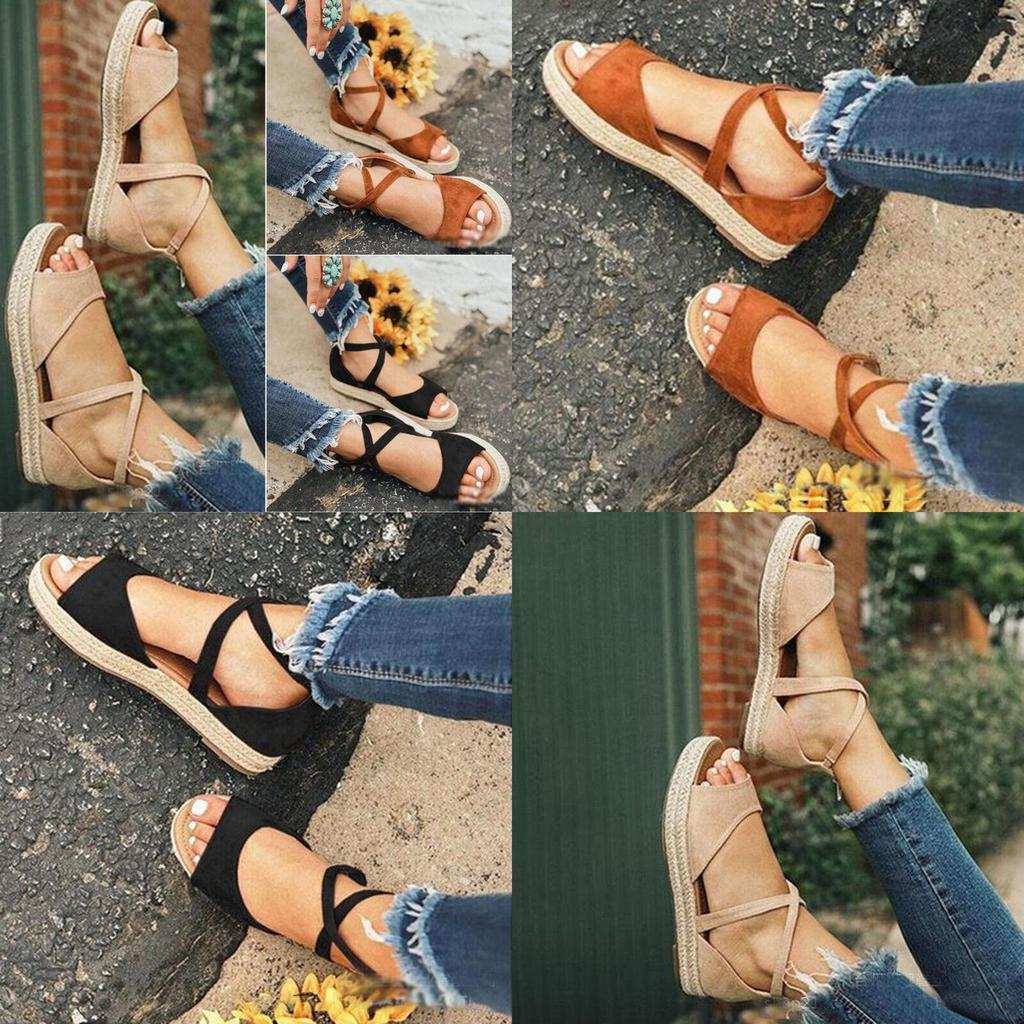 Chic And Comfortable Women Ladies Flat Espadrille Sandals With Low Wedge Heel Peep Toe Design