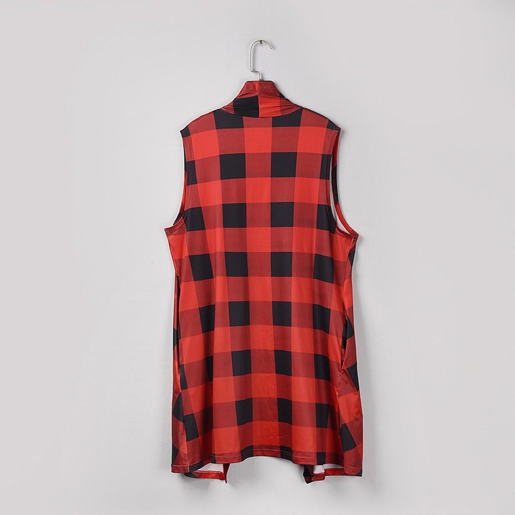 Womens Plaid Open Front Cardigan Sleeveless Pockets Drape Lightweight Vest Coat