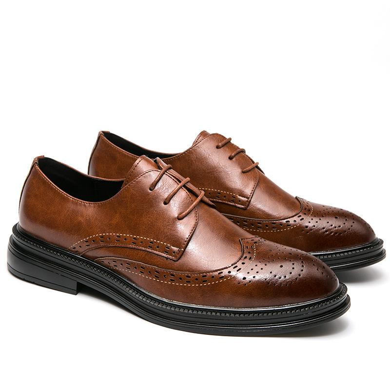 Large Size Brock Engraved Men's Leather Shoes Business Dress Round Head Leather Shoes Groom Wedding Shoes