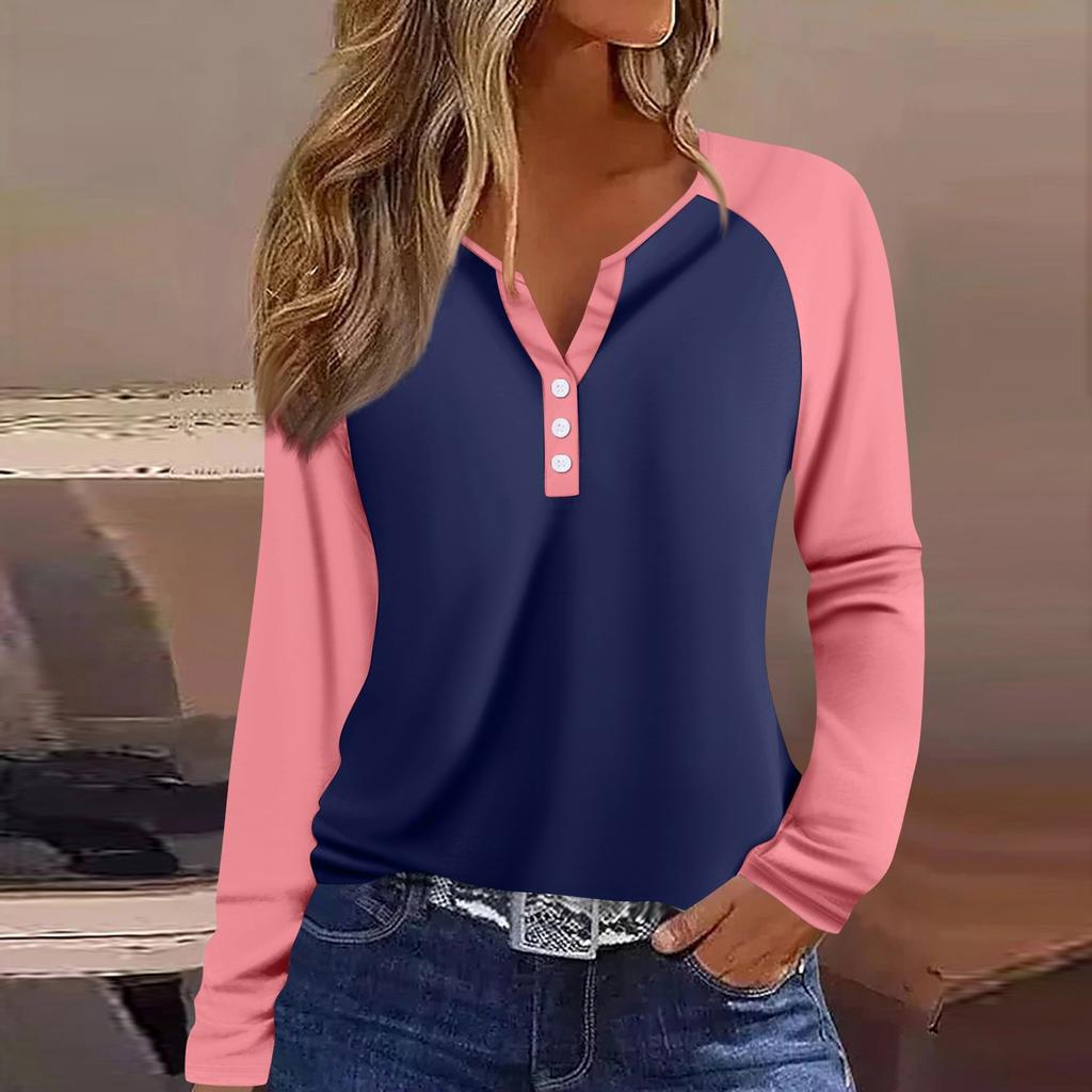 Women's T Shirt Color Block Button Long Sleeve Daily Weekend Fashion Basic V- Neck Regular Top