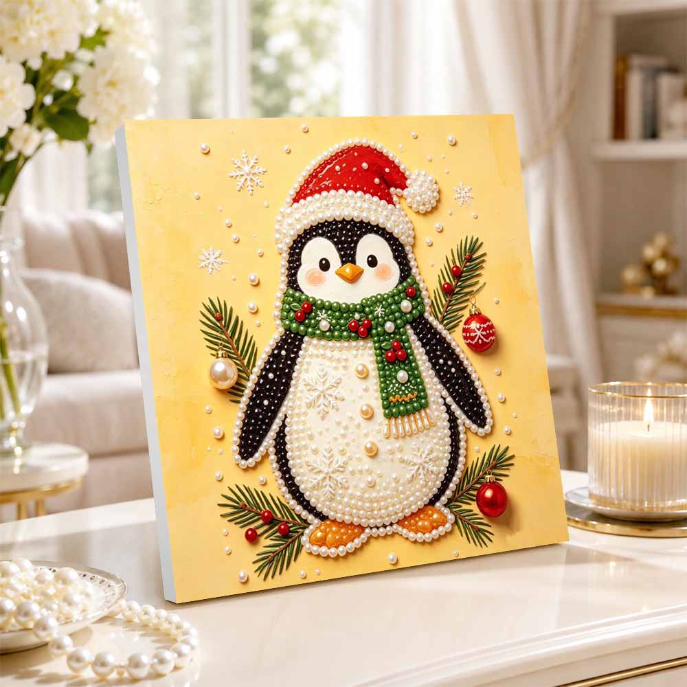 DIY Pearl Diamond Painting Art Kit with Frame Christmas Penguin Home Wall Decor Craft Kit. Wall Decoration Gift