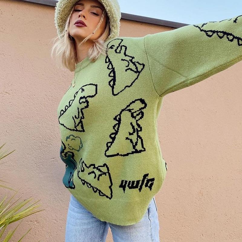 O-Neck Long Sleeve Women's Oversize Sweater Solid Dinosaur Printed Y2k Knitted Sweater Loose Casual Oversized Knitted Pullover