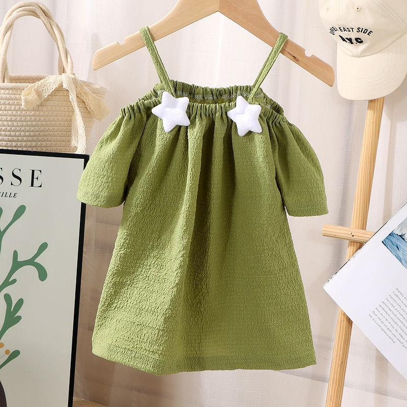 Summer Kids Cute Printing T-shirts Girls Off Shoulder Sling Loose Short Sleeve Star T-Shirt Baby Shirt Solid Color Top