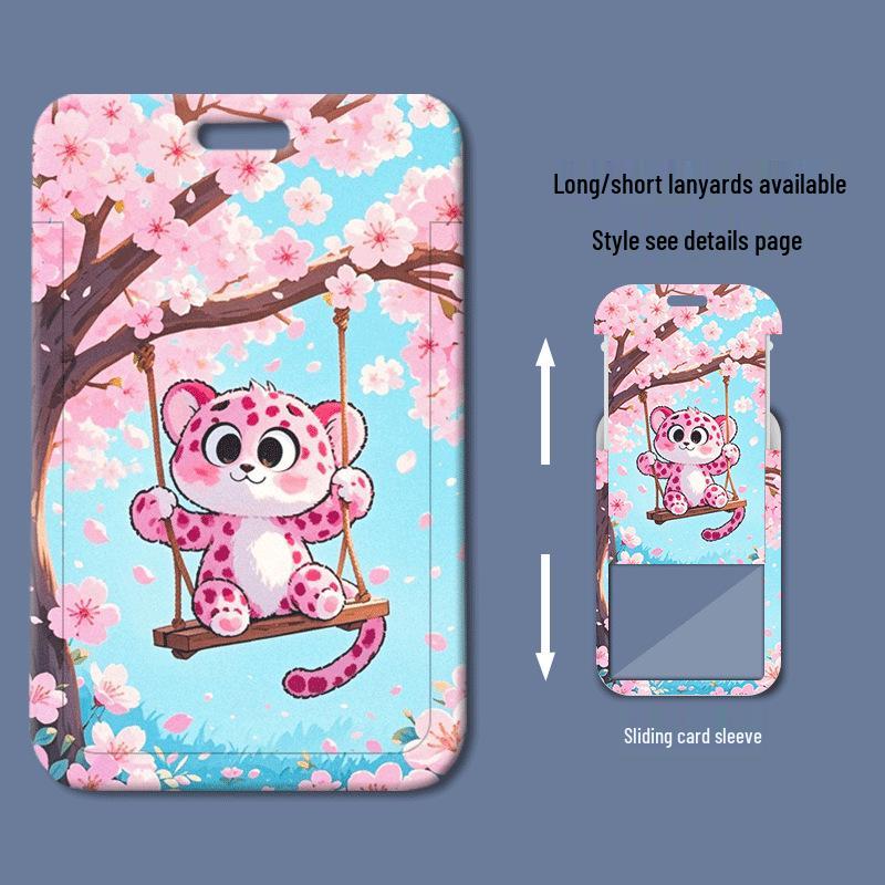 Pink Leopard Sliding Cover ID & Bus Card Holder - Cartoon Style
