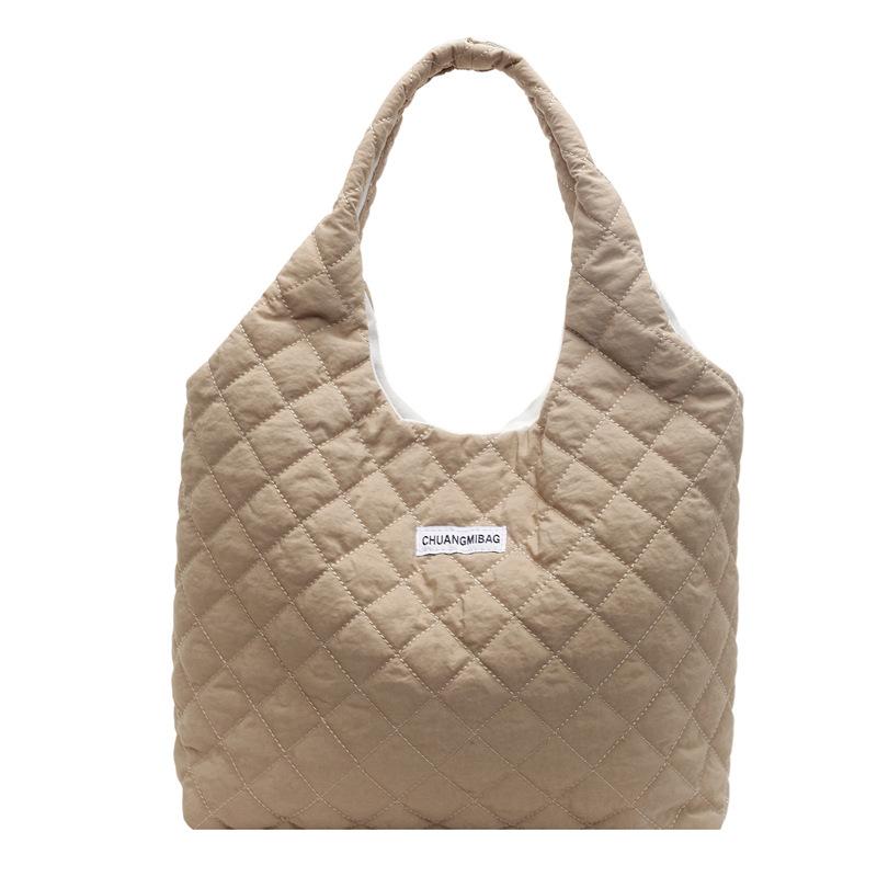 Autumn and winter cotton bag large capacity tote bag women's 2025 new trendy fashion rhombus canvas commuter shoulder tote bag